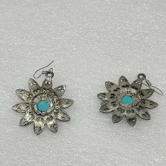 Vintage Silver Tone Faux Turquoise Flower Earrings - Picture 2 of 2